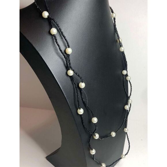1218 Lia Sophia black beaded faux pearl long layering necklace 60" - Picture 1 of 2
